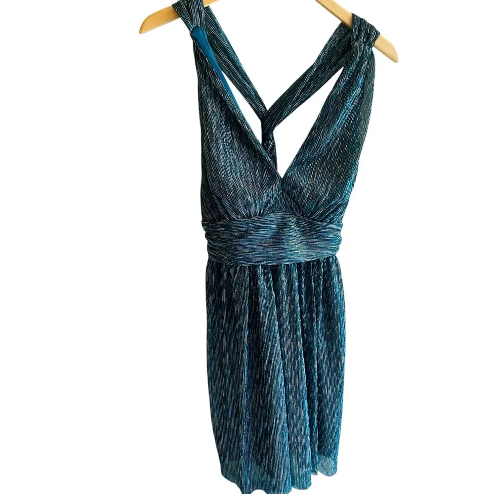 Lulus Ailey Halter Mini Dress Skater Style Twist Back Deep V Metallic Teal Sz M - Picture 5 of 9